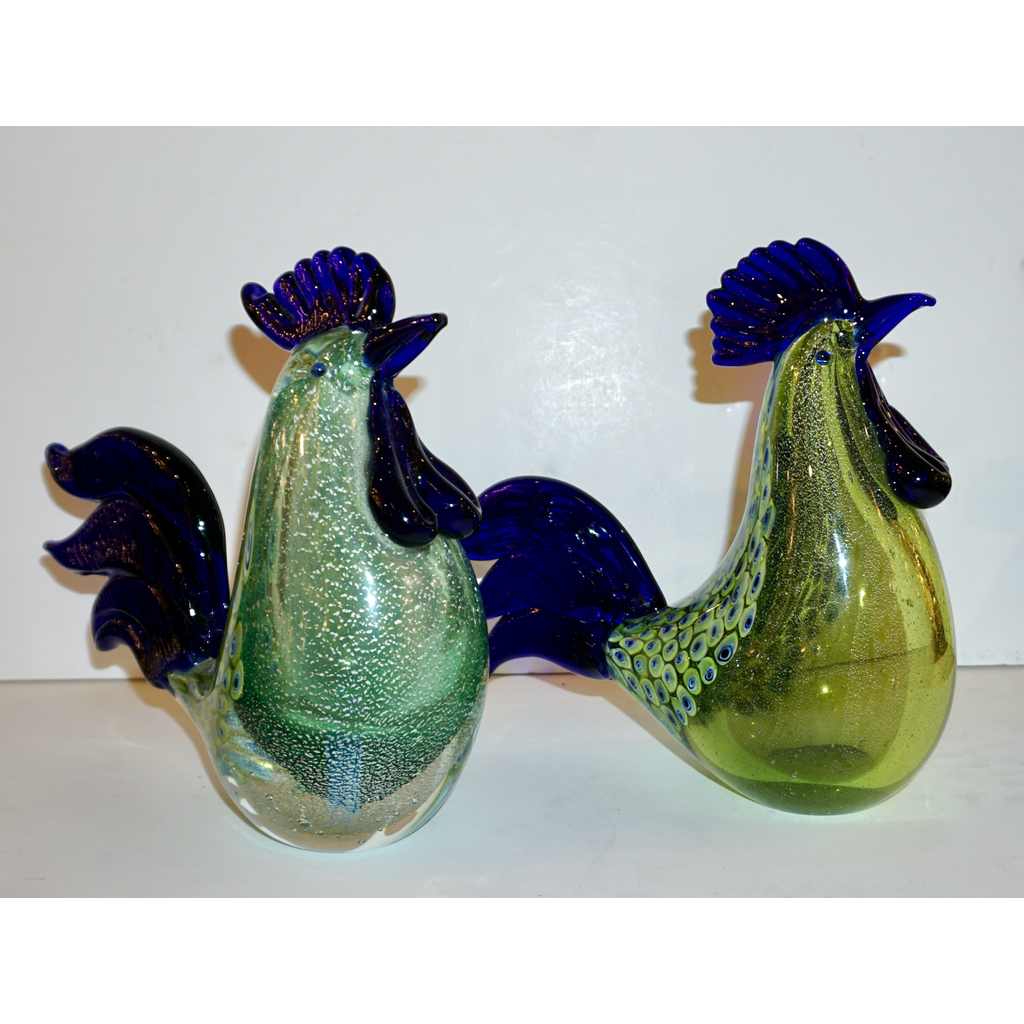1980s Italian Vintage Silver Navy Blue Green Murano Art Glass Hen Bird Sculpture