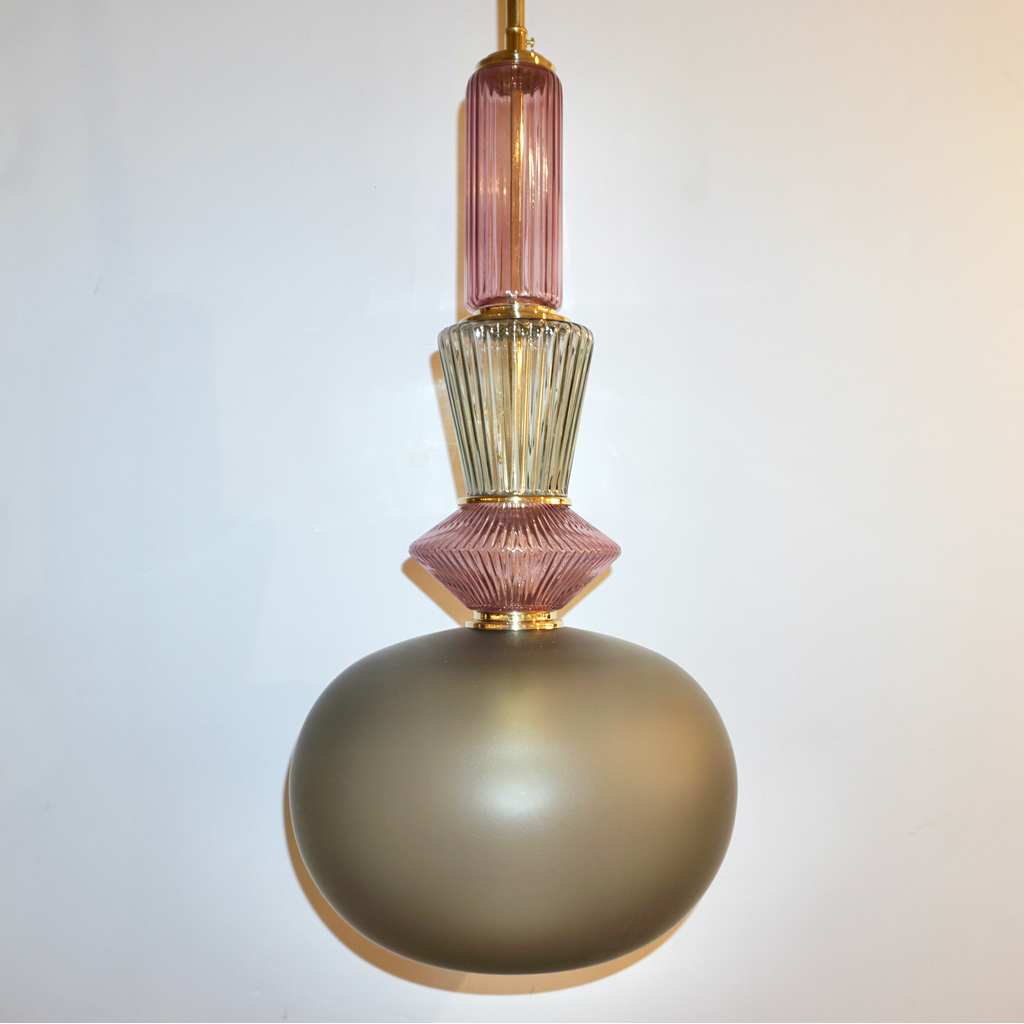 Bespoke Italian Organic Amethyst Gray Green Murano Glass Brass Pendant Light