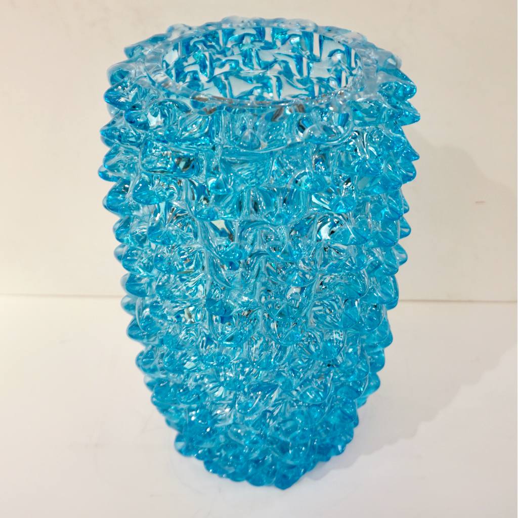 2000s Cenedese Italian Pair of Aquamarine Blue Rostrato Murano Glass Ovoid Vases