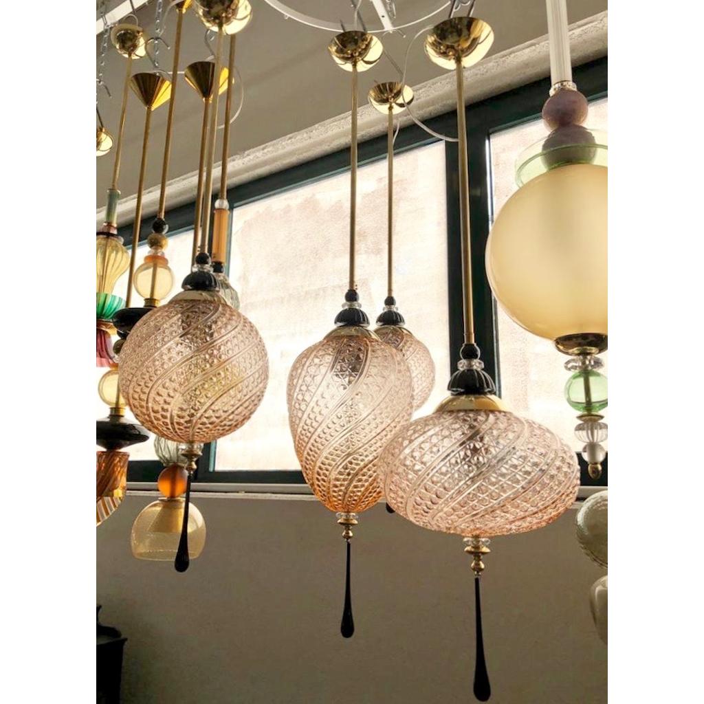 Bespoke Italian Horizontal Oval Black and Pink Murano Glass Brass Pendant Light