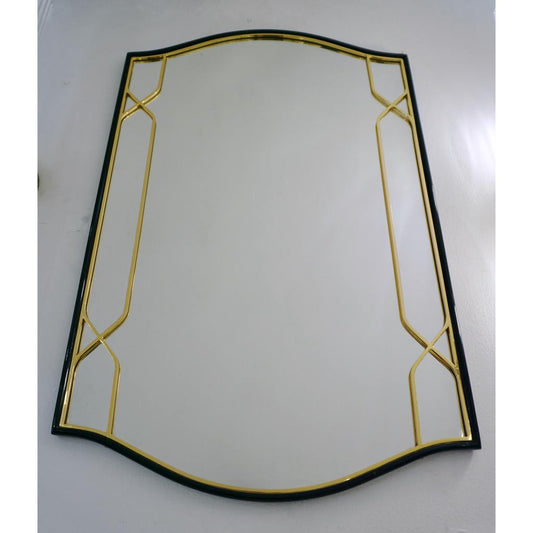 1970 Vintage Italian Art Deco Design Black Lacquered & Brass Fretwork Mirror