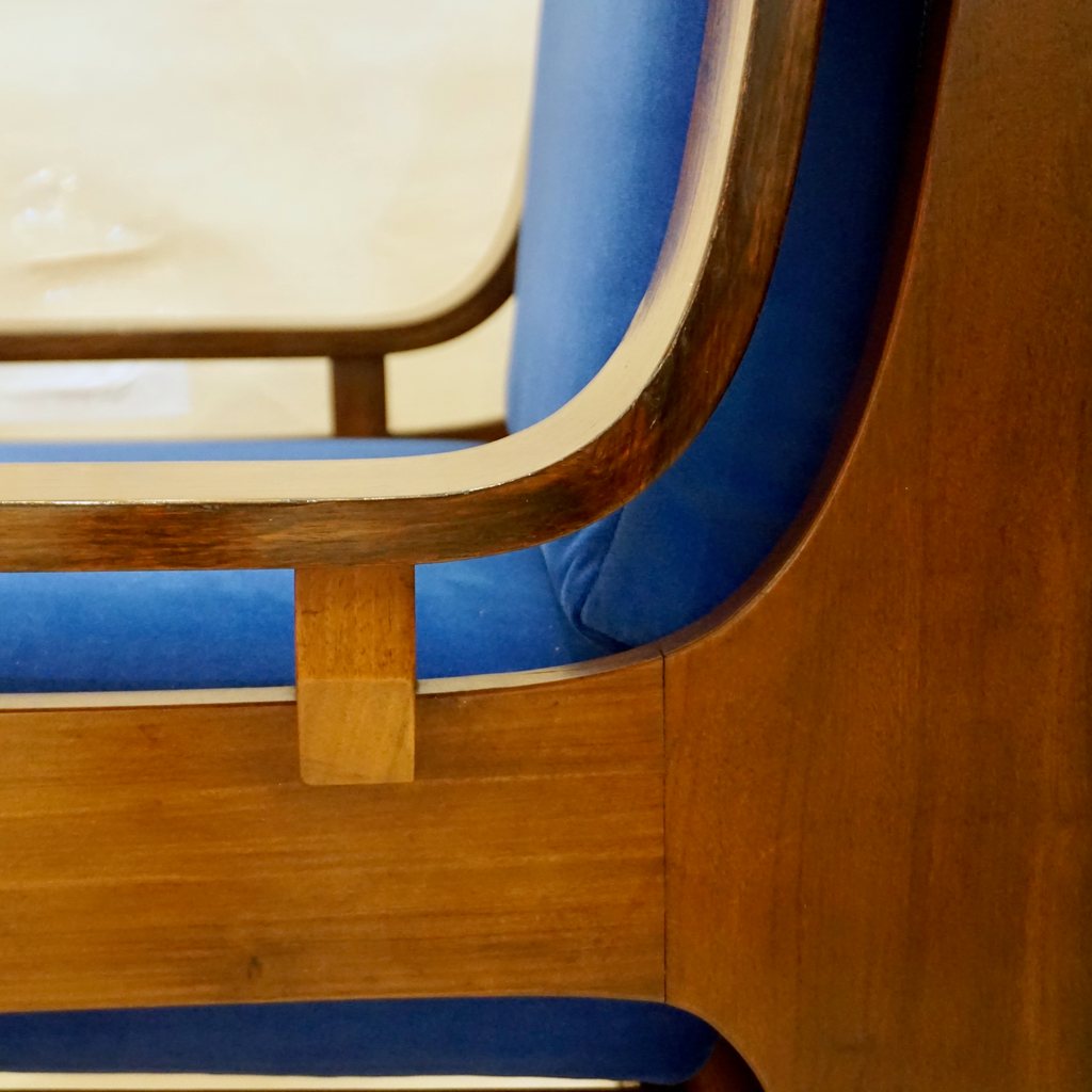 1960s Italian Pair Vintage Cobalt Blue Velvet Veneer Rosewood Modern Armchairs