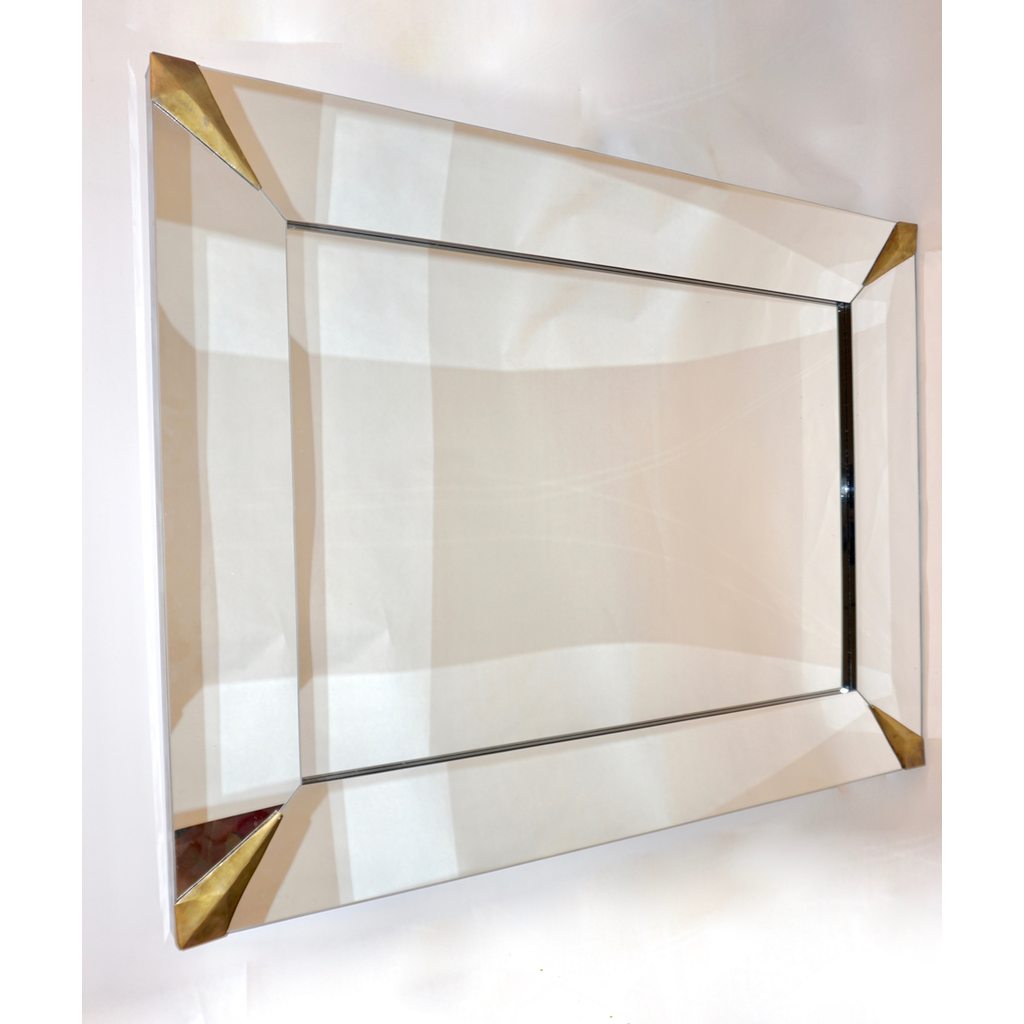 1960s Italian Vintage Minimalist Black Glass & Brutalist Brass Wall Mirror