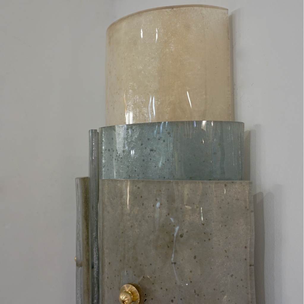 Contemporary Italian Wall Lights in Brass White Blue Gray Layered Murano Glass