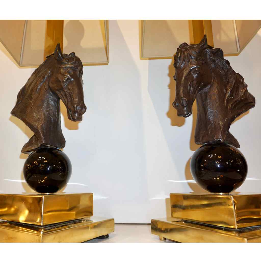 Italian Design 1990s Horse Bronze Sculpture Black Glass Pair of Brass Lamps