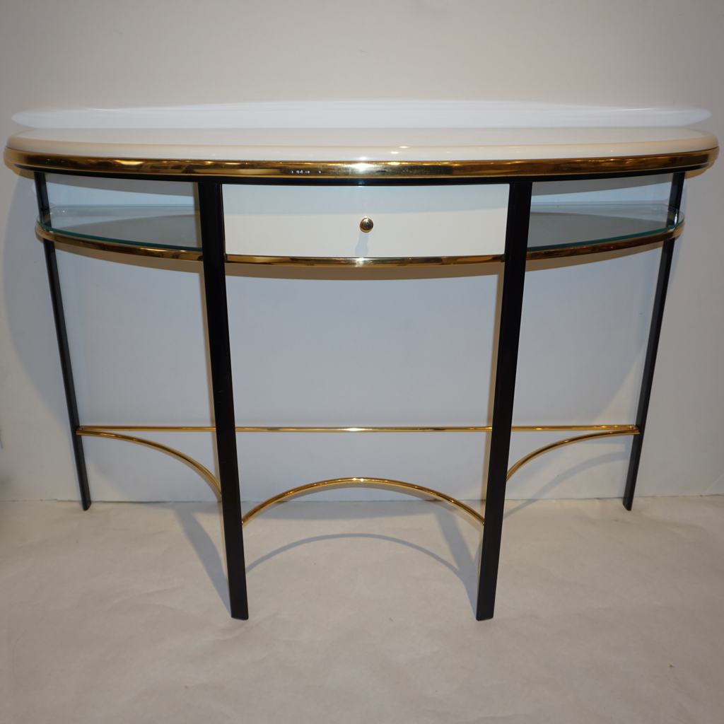 1970s Vintage Italian One-Drawer Black & Cream Lacquered Brass Demi Lune Console