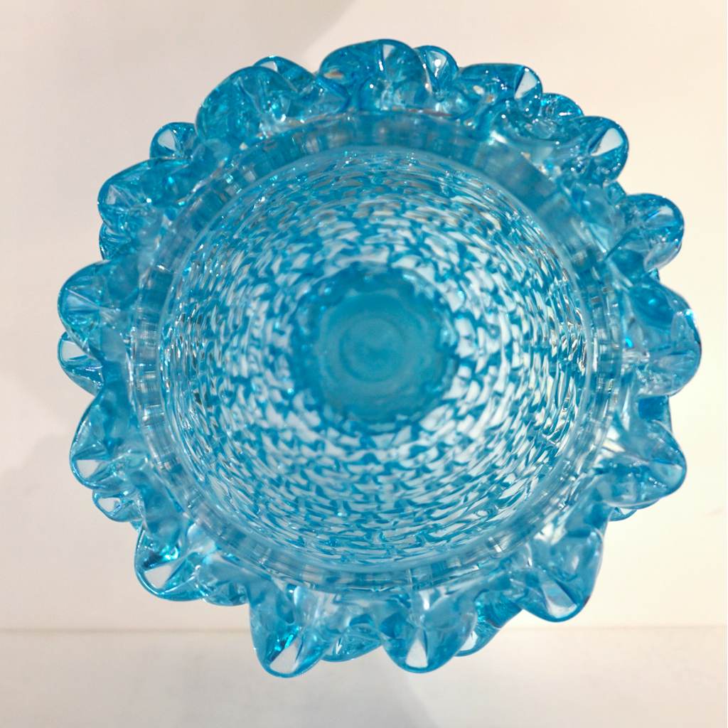 2000s Cenedese Italian Pair of Aquamarine Blue Rostrato Murano Glass Ovoid Vases