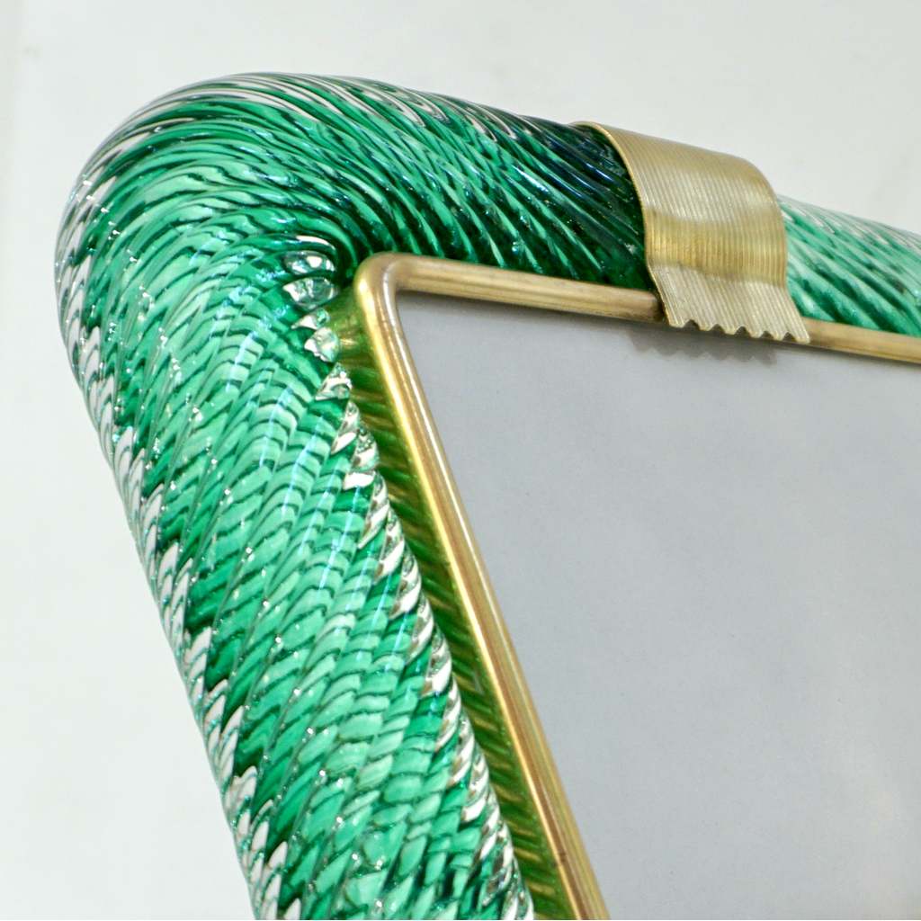 Venini 1980s Italian Vintage Emerald Green Murano Glass and Brass Photo Frame