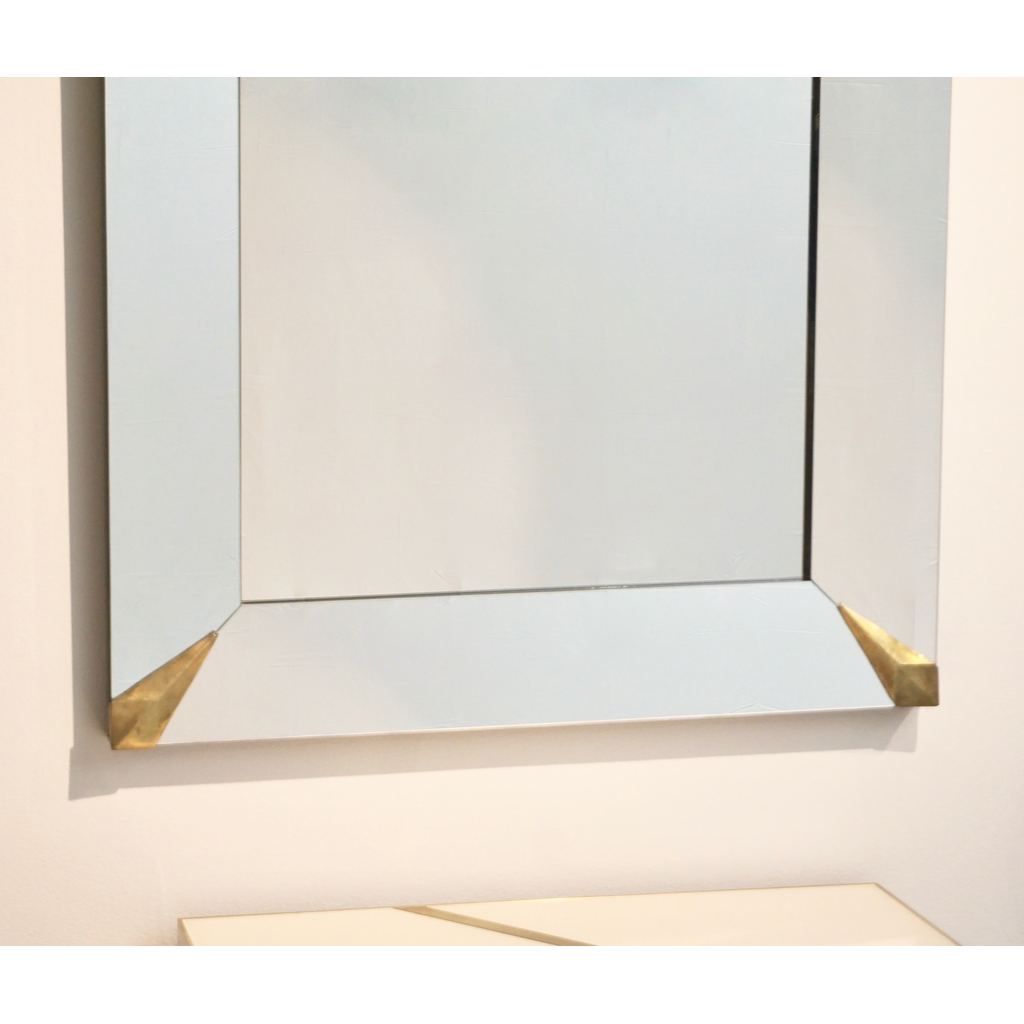 1960s Italian Vintage Minimalist Black Glass & Brutalist Brass Wall Mirror