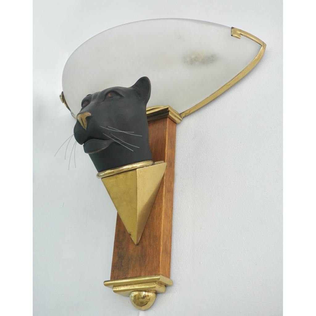 1950s Italian Art Deco Pair of Black Panther Bronze Frosted Glass Wall Lights
