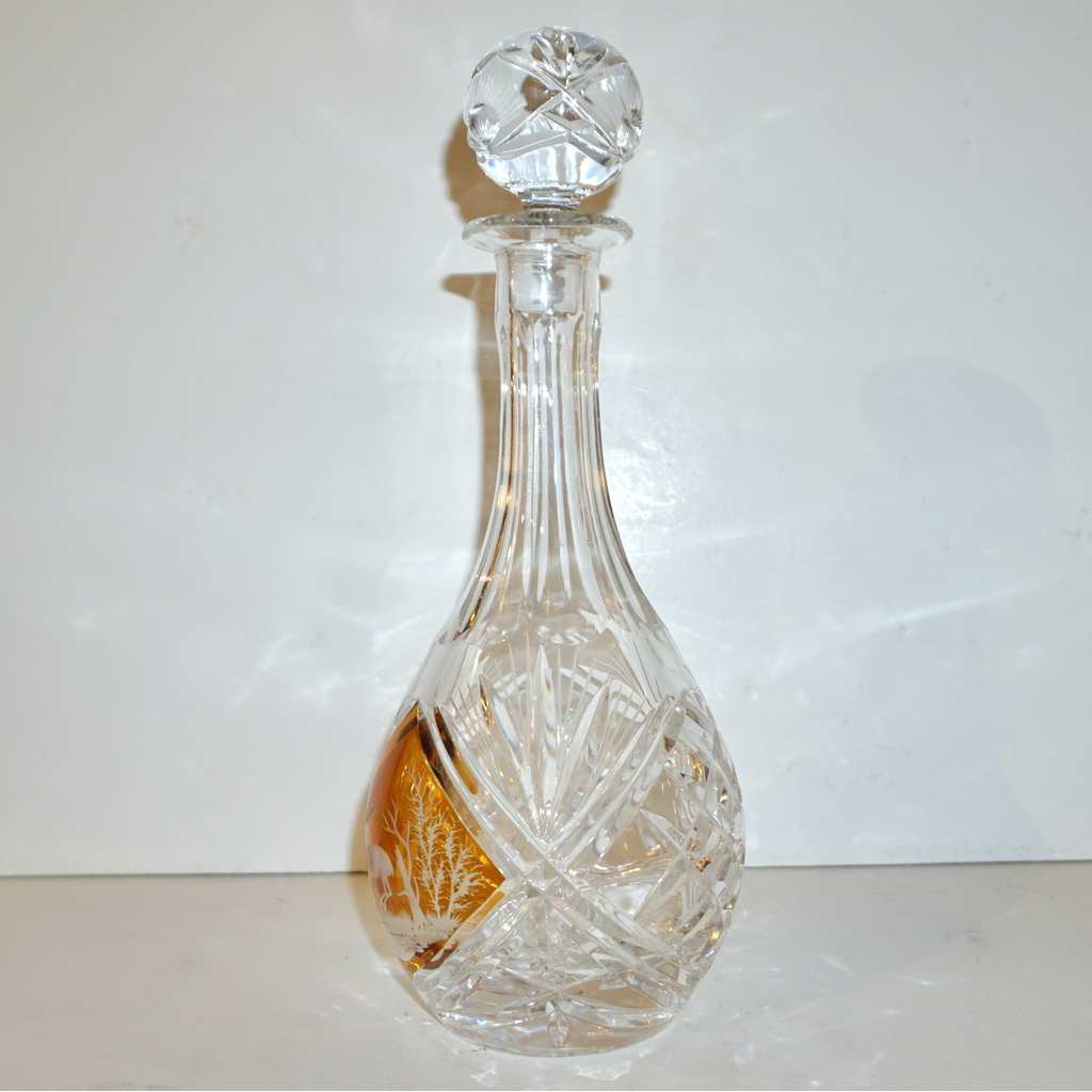 1970s Vintage Austrian Animal Engraved Overlaid Gold Amber Glass Liqueur Bottle