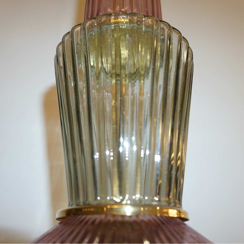 Bespoke Italian Organic Amethyst Gray Green Murano Glass Brass Pendant Light
