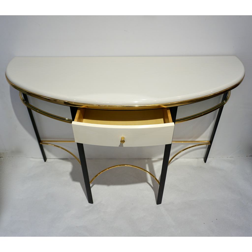 1970s Vintage Italian One-Drawer Black & Cream Lacquered Brass Demi Lune Console