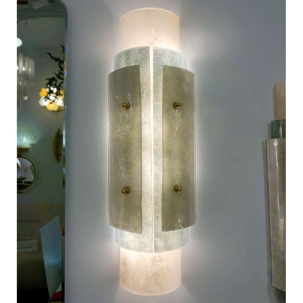 Contemporary Italian Wall Lights in Brass White Blue Gray Layered Murano Glass