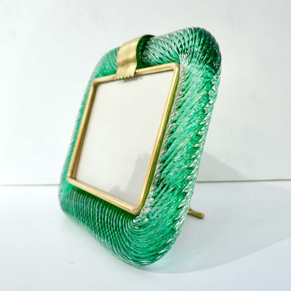 Venini 1980s Italian Vintage Emerald Green Murano Glass and Brass Photo Frame