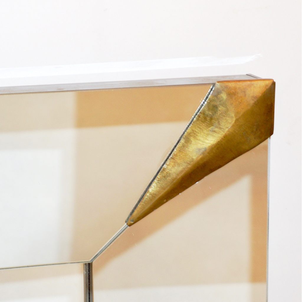 1960s Italian Vintage Minimalist Black Glass & Brutalist Brass Wall Mirror