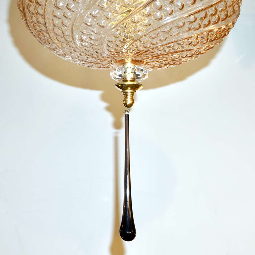 Bespoke Italian Horizontal Oval Black and Pink Murano Glass Brass Pendant Light