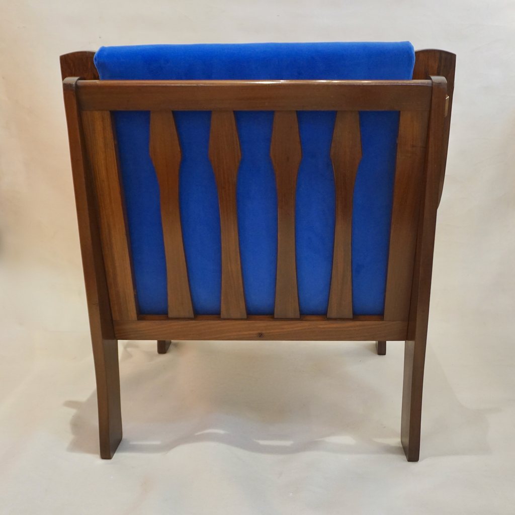 1960s Italian Pair Vintage Cobalt Blue Velvet Veneer Rosewood Modern Armchairs