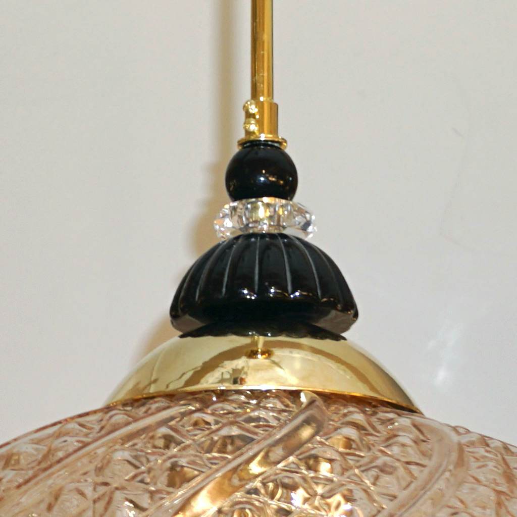 Bespoke Italian Horizontal Oval Black and Pink Murano Glass Brass Pendant Light