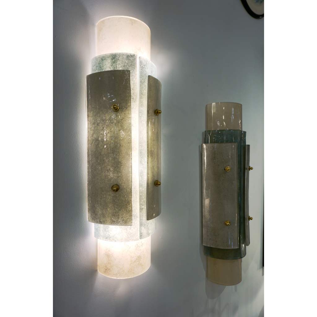 Contemporary Italian Wall Lights in Brass White Blue Gray Layered Murano Glass