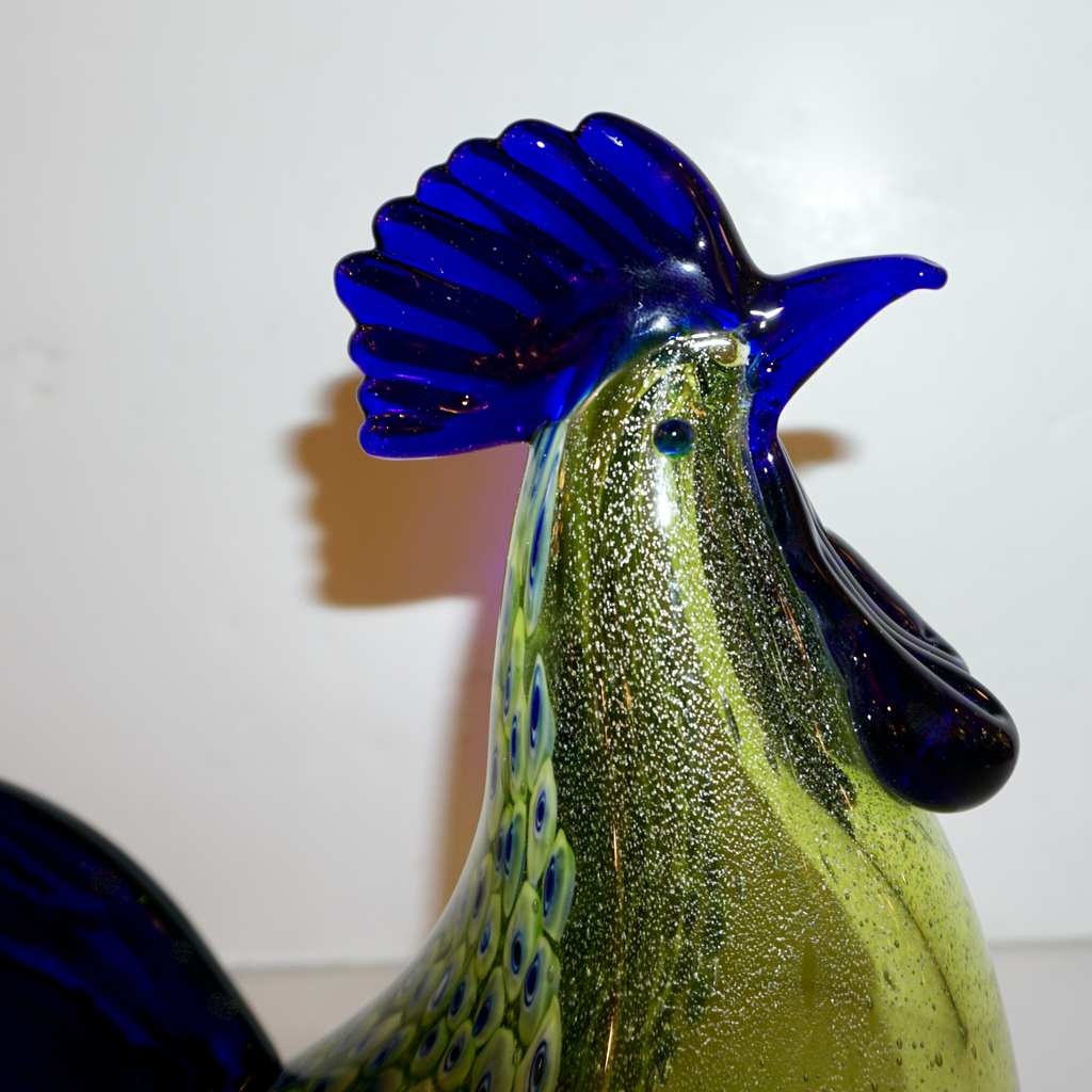 Seguso 1980 Italian Silver Navy Blue Apple Green Murano Glass Hen Bird Sculpture