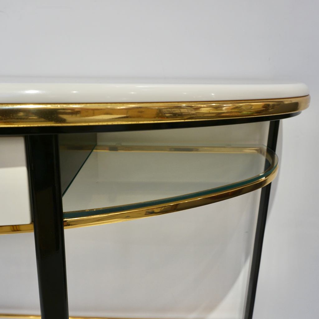 1970s Vintage Italian One-Drawer Black & Cream Lacquered Brass Demi Lune Console