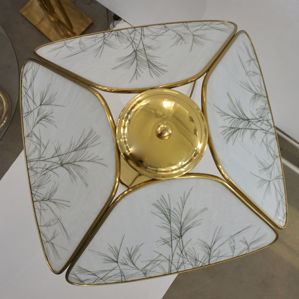 Poliarte 1960s Italian Feather Reed Grass & Bamboo Decor White Glass Brass Lamp