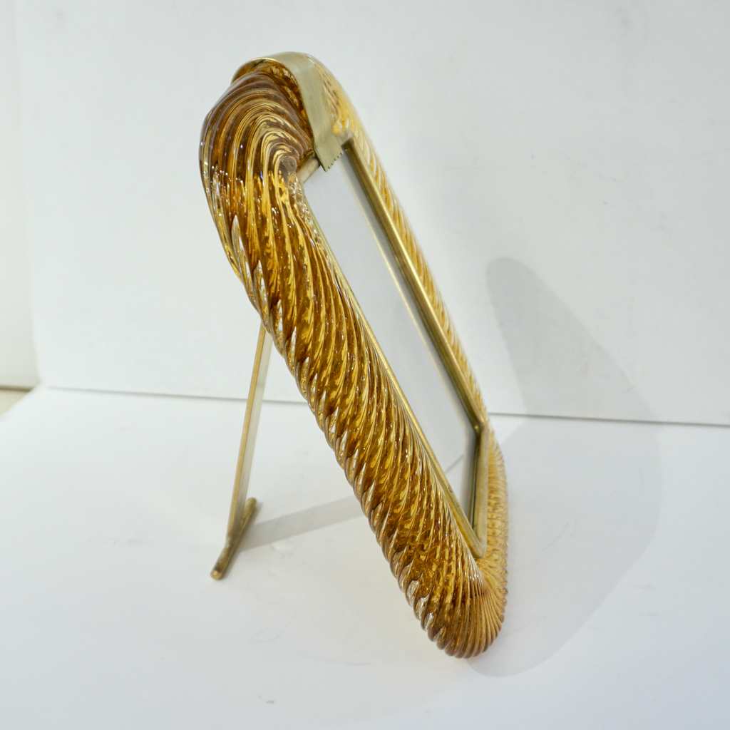 Venini 1980s Italian Vintage Tall Amber Gold Murano Glass and Brass Photo Frame