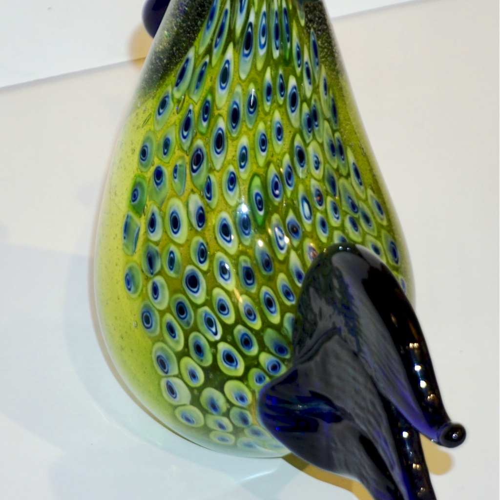 Seguso 1980 Italian Silver Navy Blue Apple Green Murano Glass Hen Bird Sculpture
