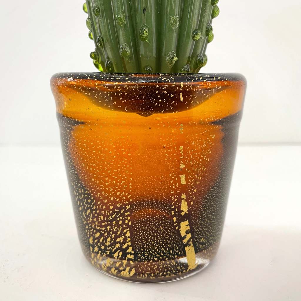 1990s Vintage Italian Green Murano Glass Tall Cactus Plant with Orange Flower