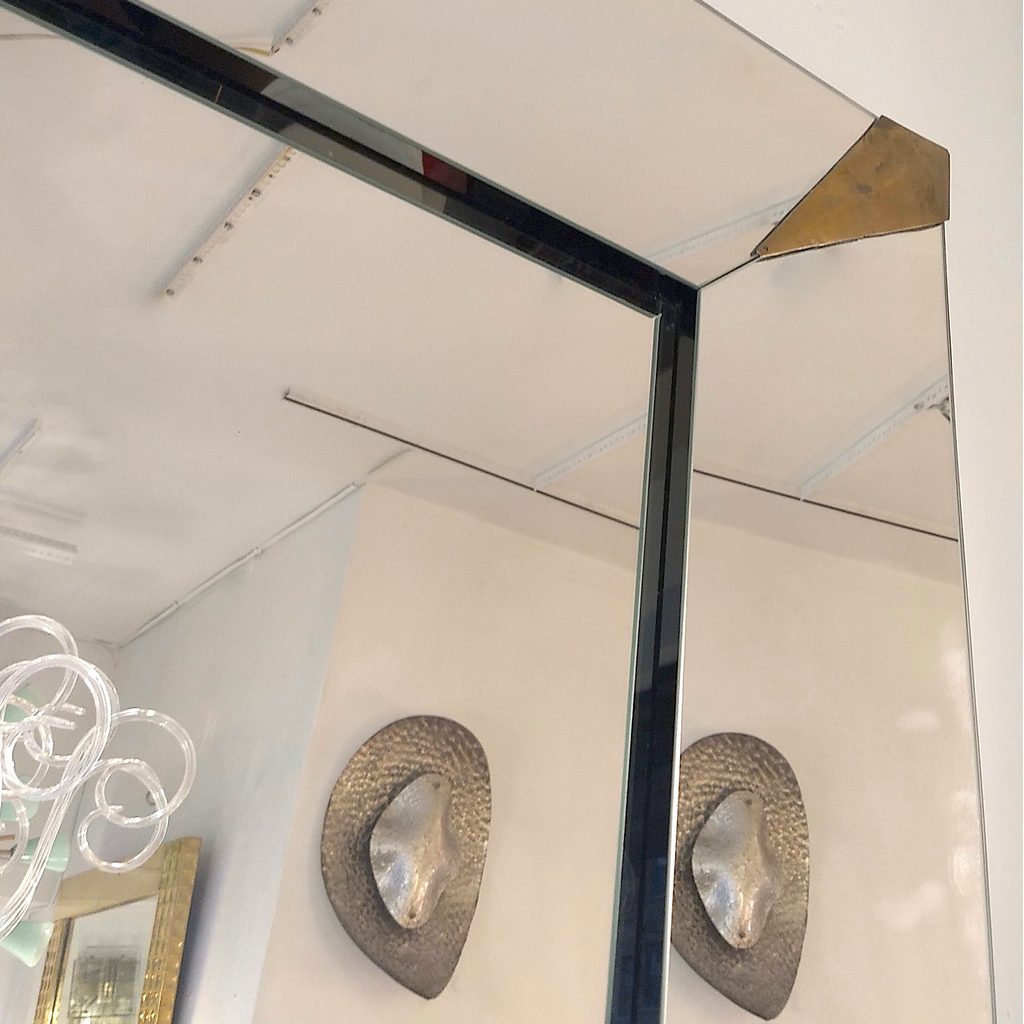 1960s Italian Vintage Minimalist Black Glass & Brutalist Brass Wall Mirror