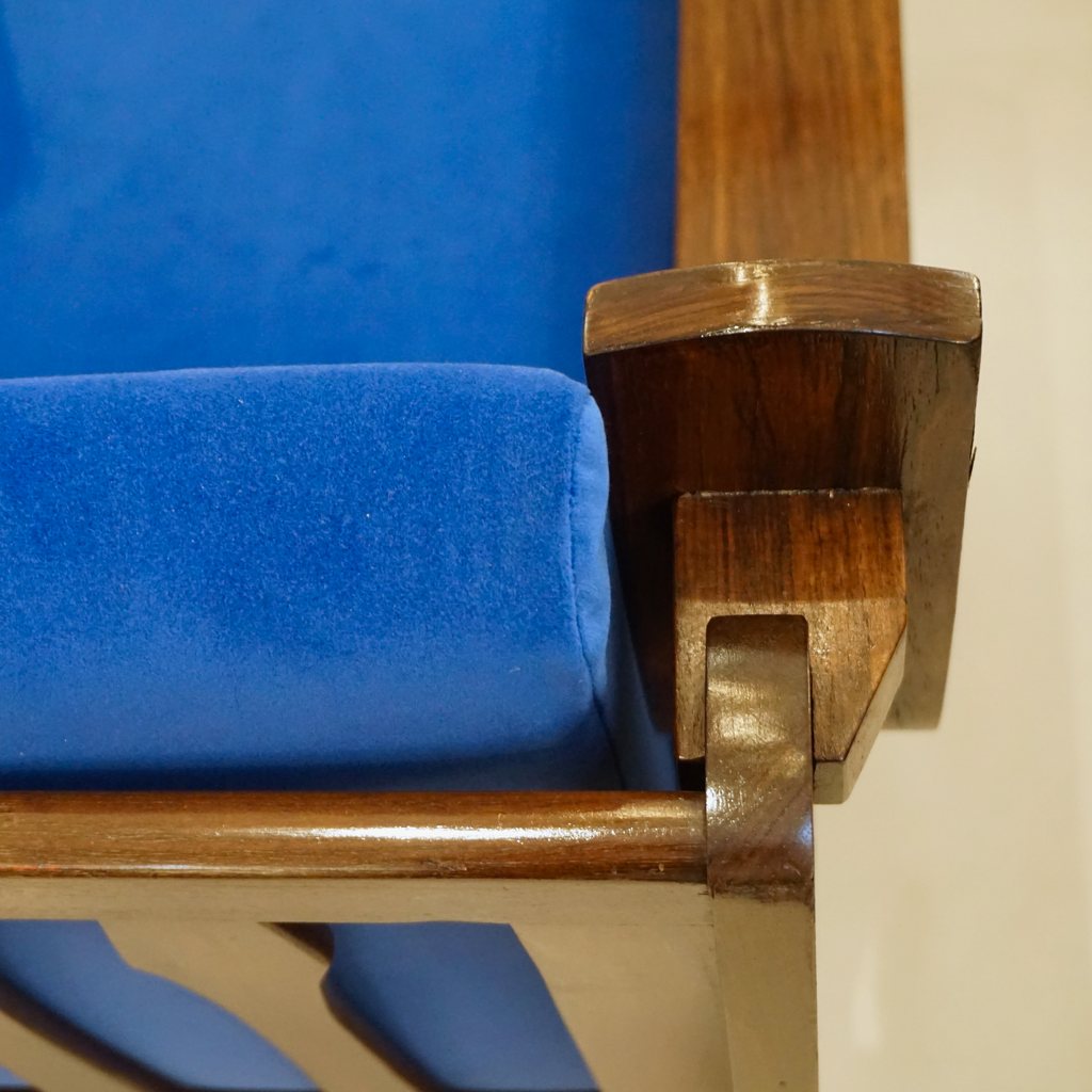 1960s Italian Pair Vintage Cobalt Blue Velvet Veneer Rosewood Modern Armchairs