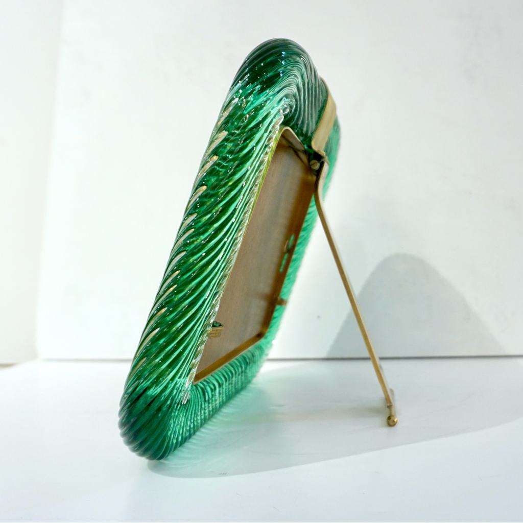 Venini 1980s Italian Vintage Emerald Green Murano Glass and Brass Photo Frame