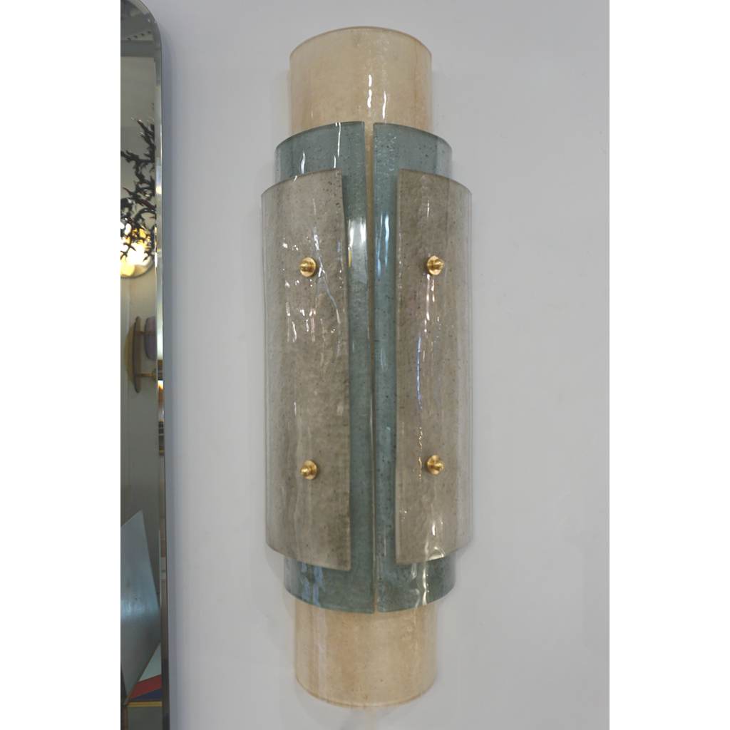 Contemporary Italian Wall Lights in Brass White Blue Gray Layered Murano Glass