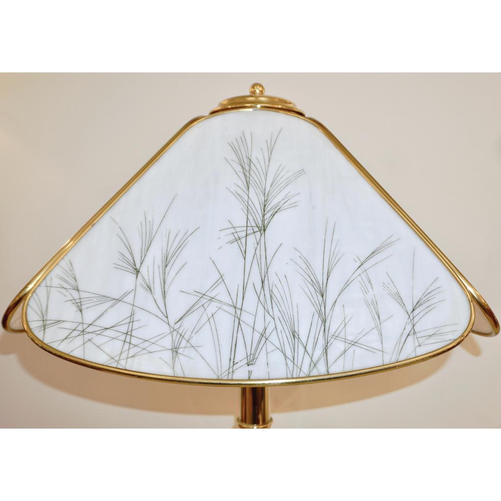 Poliarte 1960s Italian Feather Reed Grass & Bamboo Decor White Glass Brass Lamp