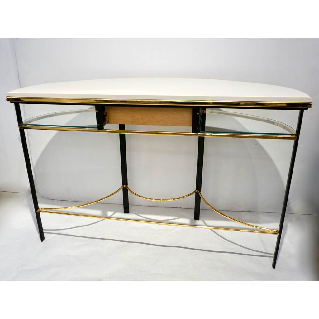 1970s Vintage Italian One-Drawer Black & Cream Lacquered Brass Demi Lune Console