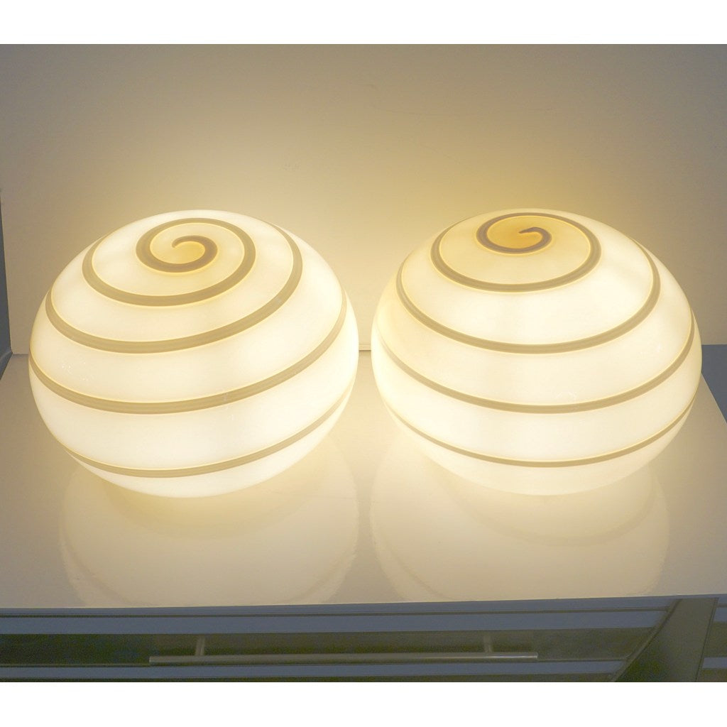 1990s Italian Mid-Century Modern Pair of White & Cream Globe Sphere Glass Lamps