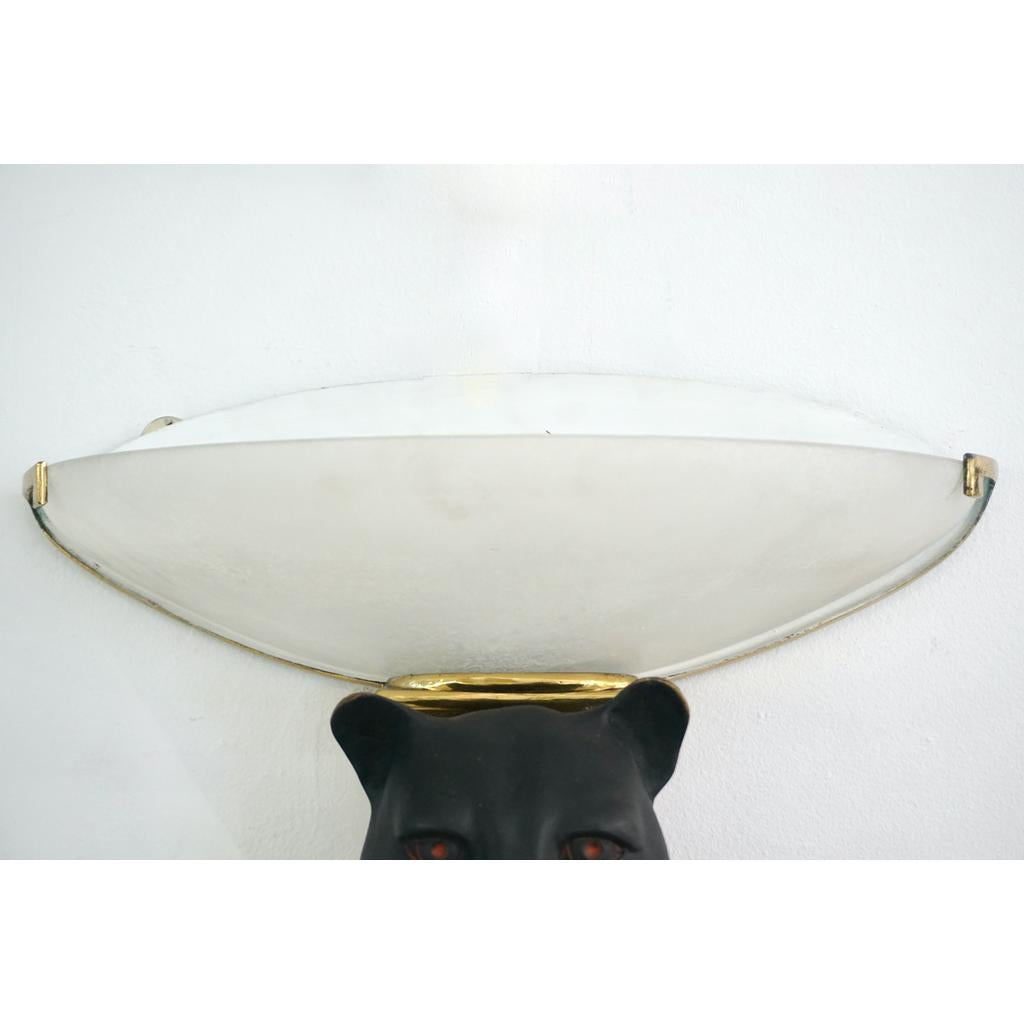 1950s Italian Art Deco Pair of Black Panther Bronze Frosted Glass Wall Lights