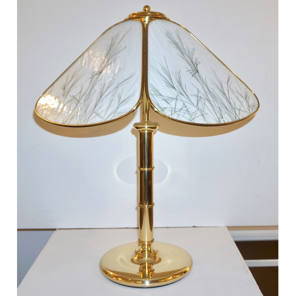 Poliarte 1960s Italian Feather Reed Grass & Bamboo Decor White Glass Brass Lamp