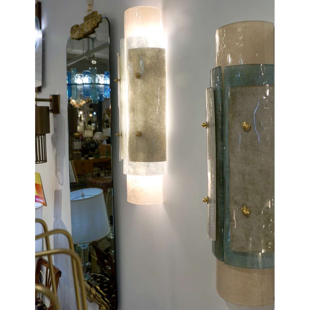 Contemporary Italian Wall Lights in Brass White Blue Gray Layered Murano Glass