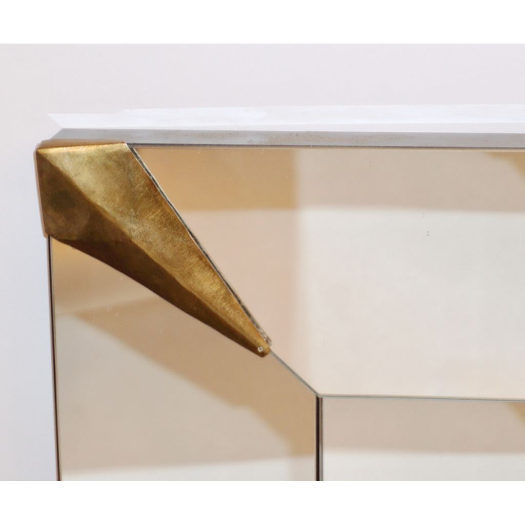 1960s Italian Vintage Minimalist Black Glass & Brutalist Brass Wall Mirror