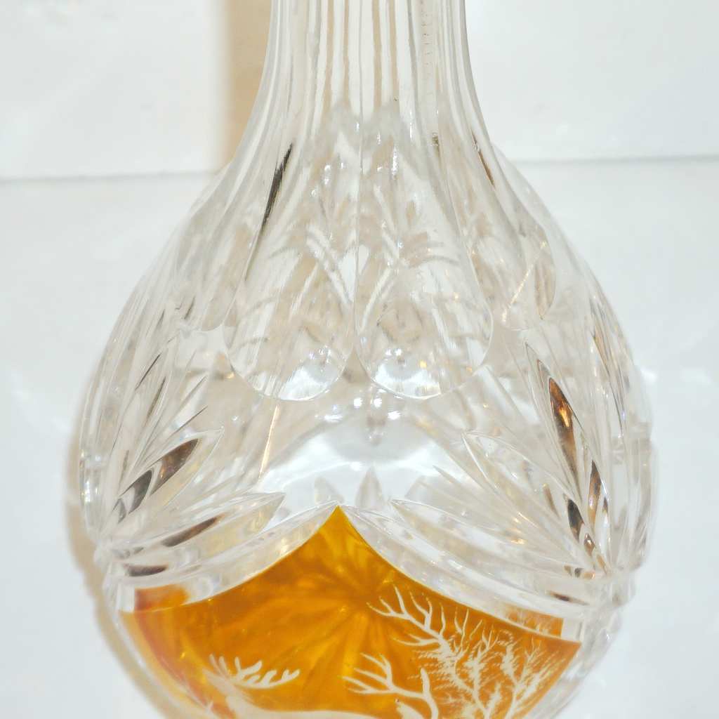 1970s Vintage Austrian Animal Engraved Overlaid Gold Amber Glass Liqueur Bottle