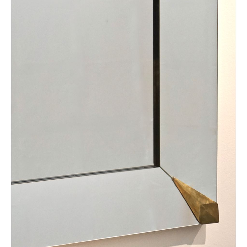 1960s Italian Vintage Minimalist Black Glass & Brutalist Brass Wall Mirror