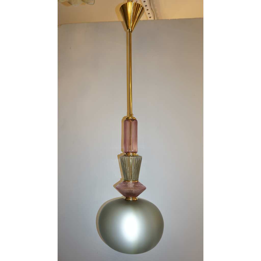 Bespoke Italian Organic Amethyst Gray Green Murano Glass Brass Pendant Light