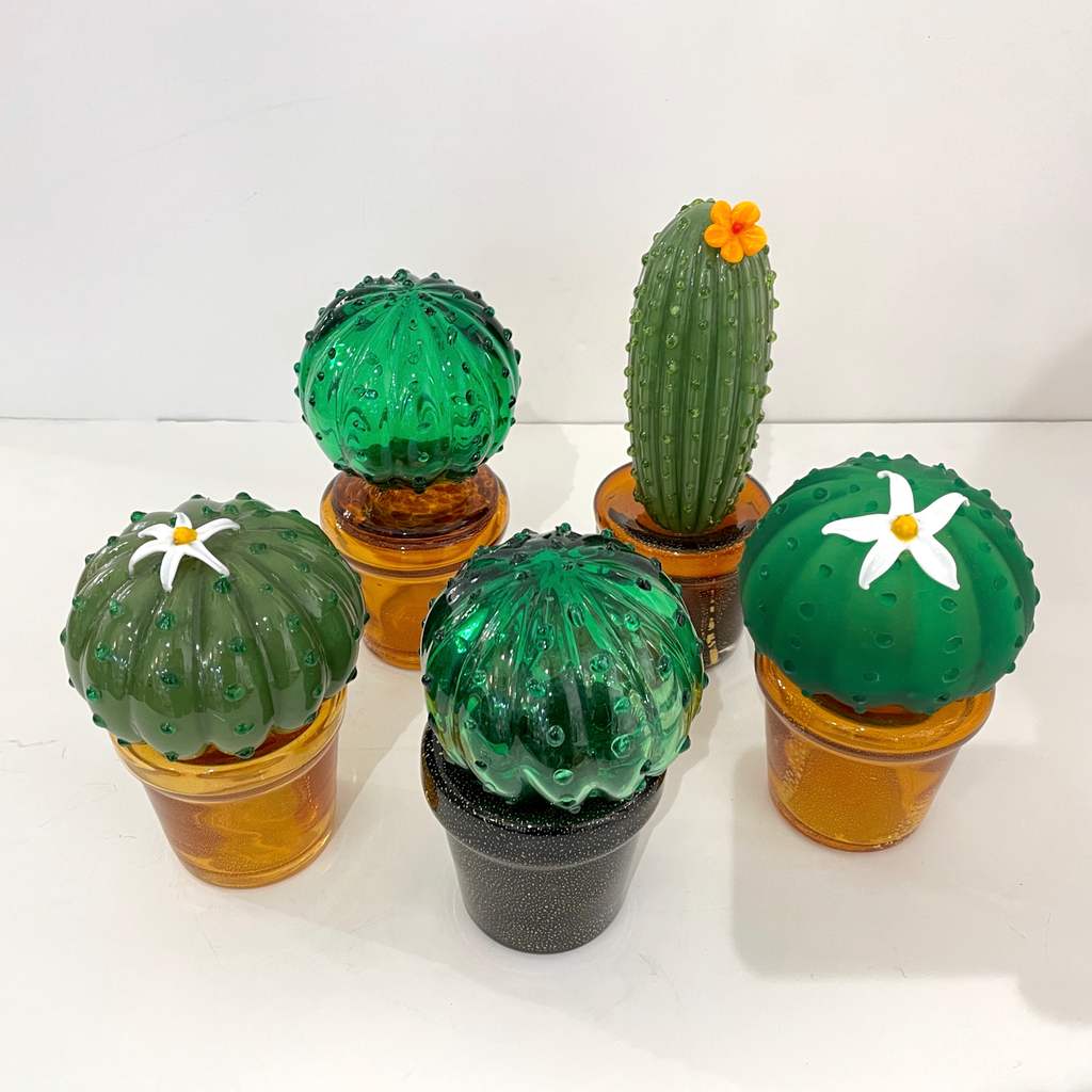 1990s Vintage Italian Green Murano Glass Tall Cactus Plant with Orange Flower