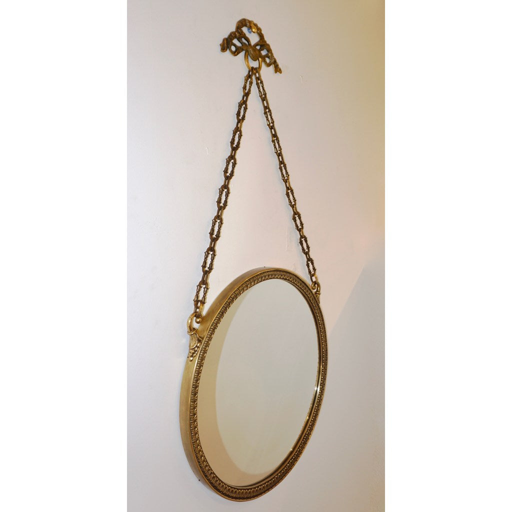 1950s Vintage Italian Chain Hanging & Chased Bronze Round Mirror with Knot