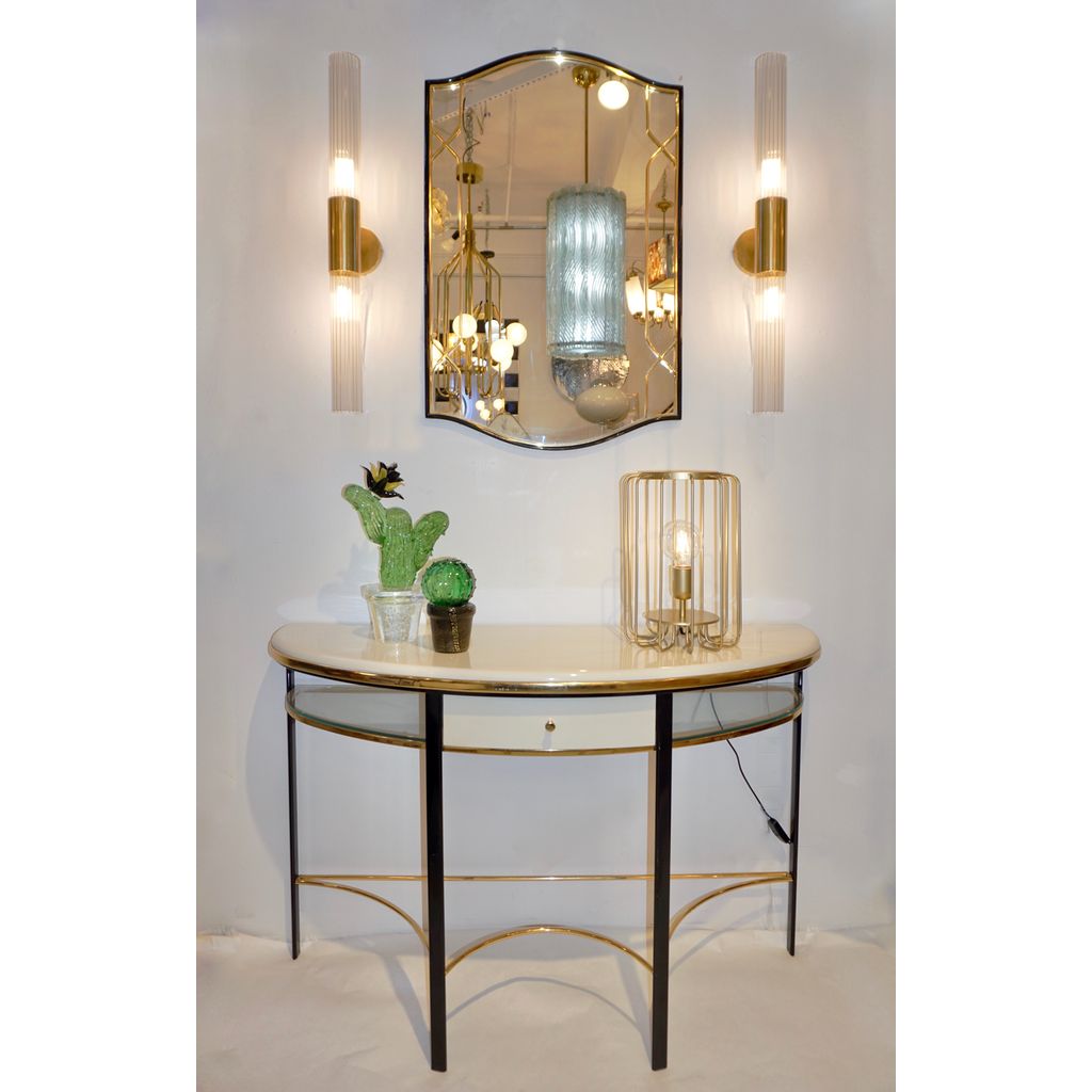 1970 Vintage Italian Art Deco Design Black Lacquered & Brass Fretwork Mirror