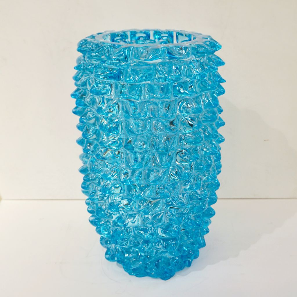 2000s Cenedese Italian Pair of Aquamarine Blue Rostrato Murano Glass Ovoid Vases
