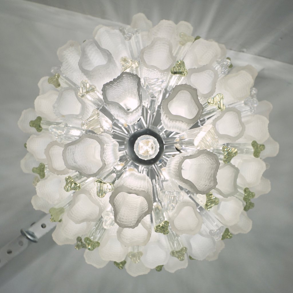 Venini 1960s Cylinder Crystal and White Murano Glass Round Chandelier on Nickel
