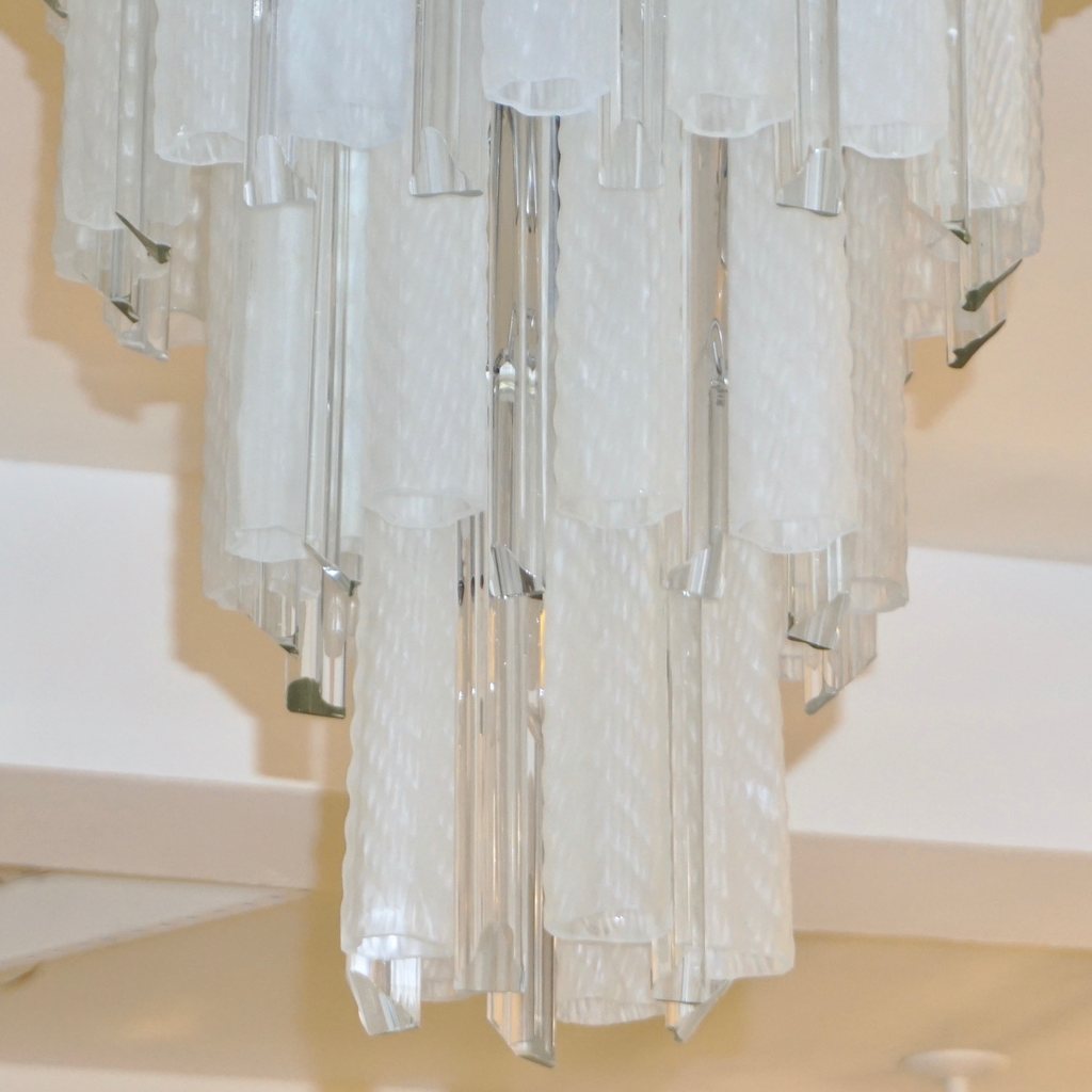 Venini 1960s Cylinder Crystal and White Murano Glass Round Chandelier on Nickel